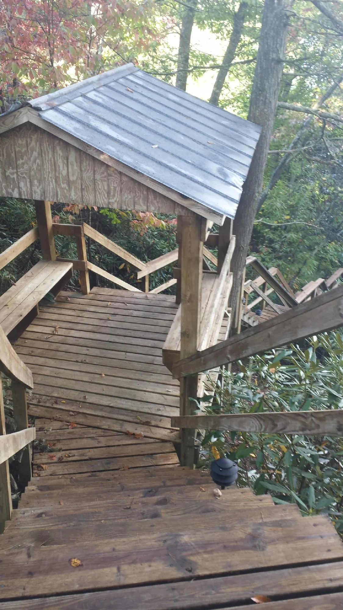 Metal roofed shelter over wooden steps on a wooded walkway — Skylight Repair & Installation work by our crew in Bonduel
